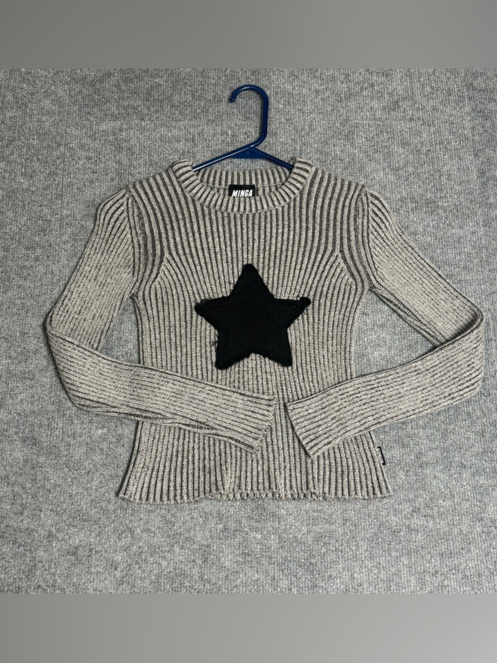 Minga London Star Knit Crewneck Sweater Grey Black XS Gorpcore Cyber Grunge Y2K